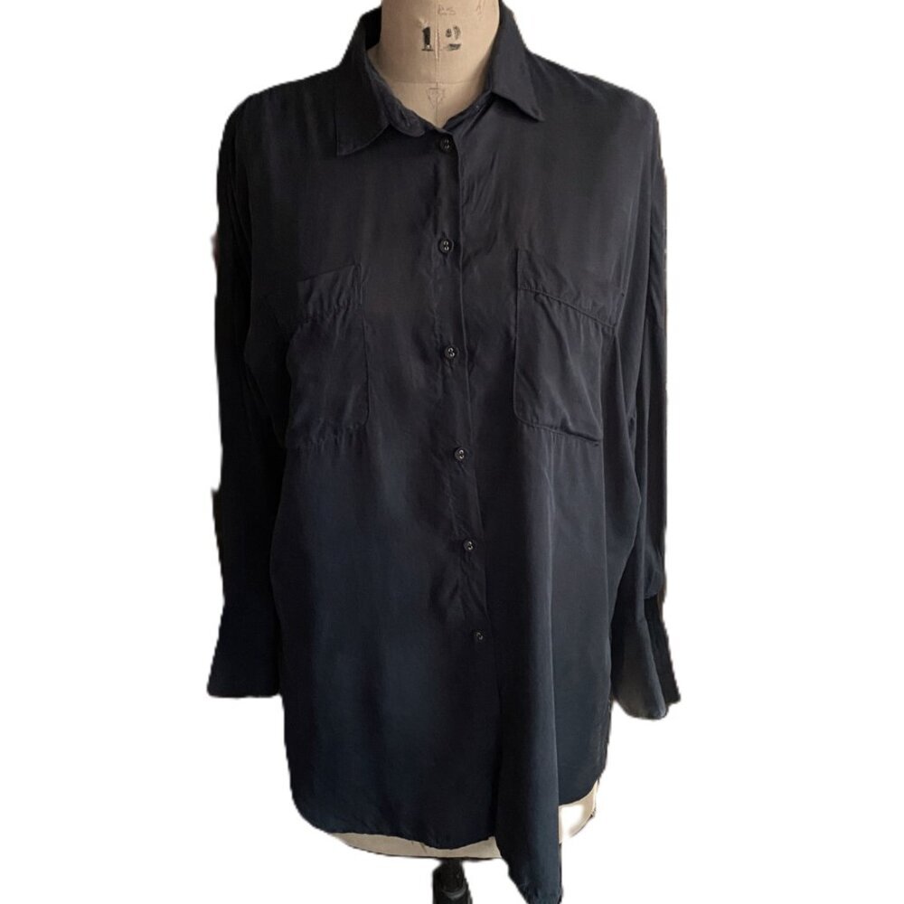 DISSH button down dark blue navy long sleeve shirt top blouse